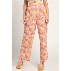 LULU'S Size M‎ Island Imaginings Peach Floral Print Wide Leg Pleated Pants NWT